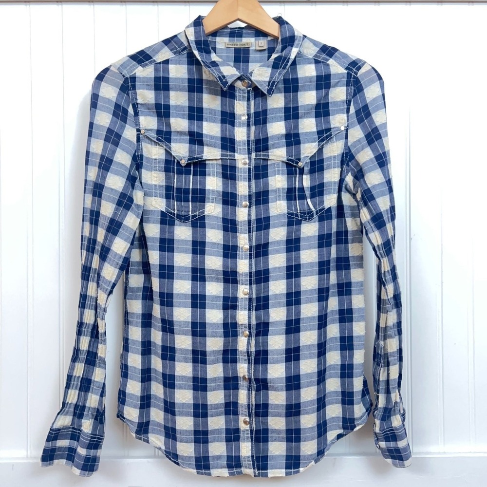 Holding Horses Shirt Western Cowgirl Country Farm Blue Plaid Snap Check Wmns S